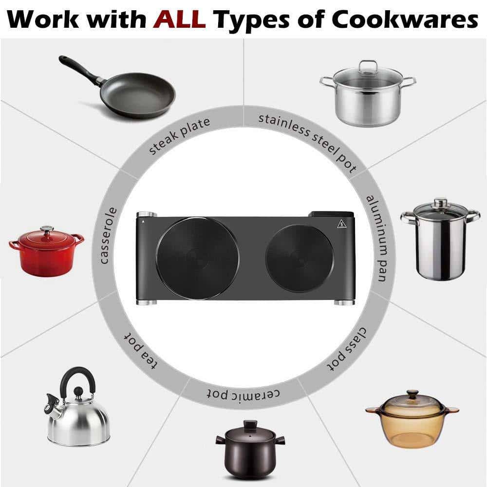 JEREMY CASS Double Cast Iron Burner 7.4 in. and 6.1 in. Stainless Steel Hot Plate in Black with 7-Gear Temperature Controls