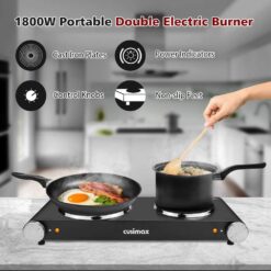 JEREMY CASS Double Cast Iron Burner 7.4 in. and 6.1 in. Stainless Steel Hot Plate in Black with 7-Gear Temperature Controls