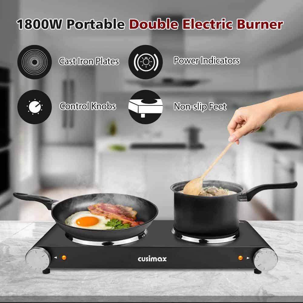 JEREMY CASS Double Cast Iron Burner 7.4 in. and 6.1 in. Stainless Steel Hot Plate in Black with 7-Gear Temperature Controls