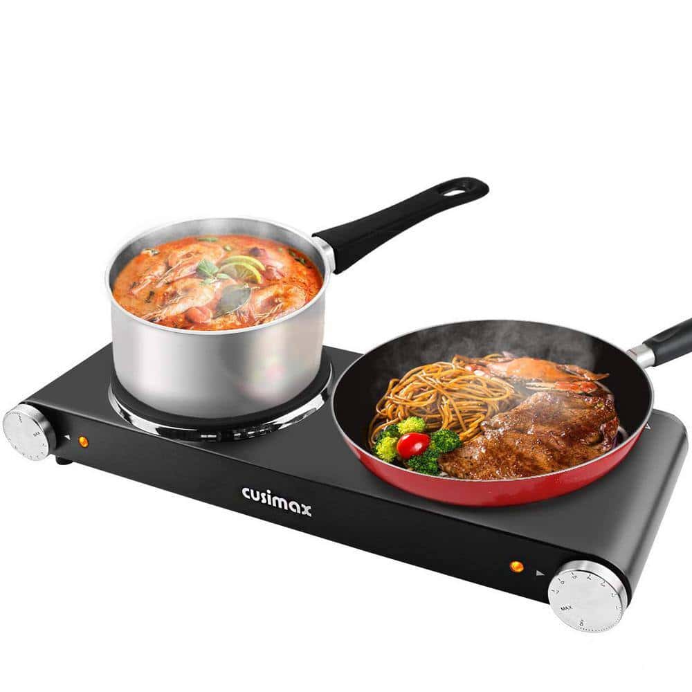 JEREMY CASS Double Cast Iron Burner 7.4 in. and 6.1 in. Stainless Steel Hot Plate in Black with 7-Gear Temperature Controls