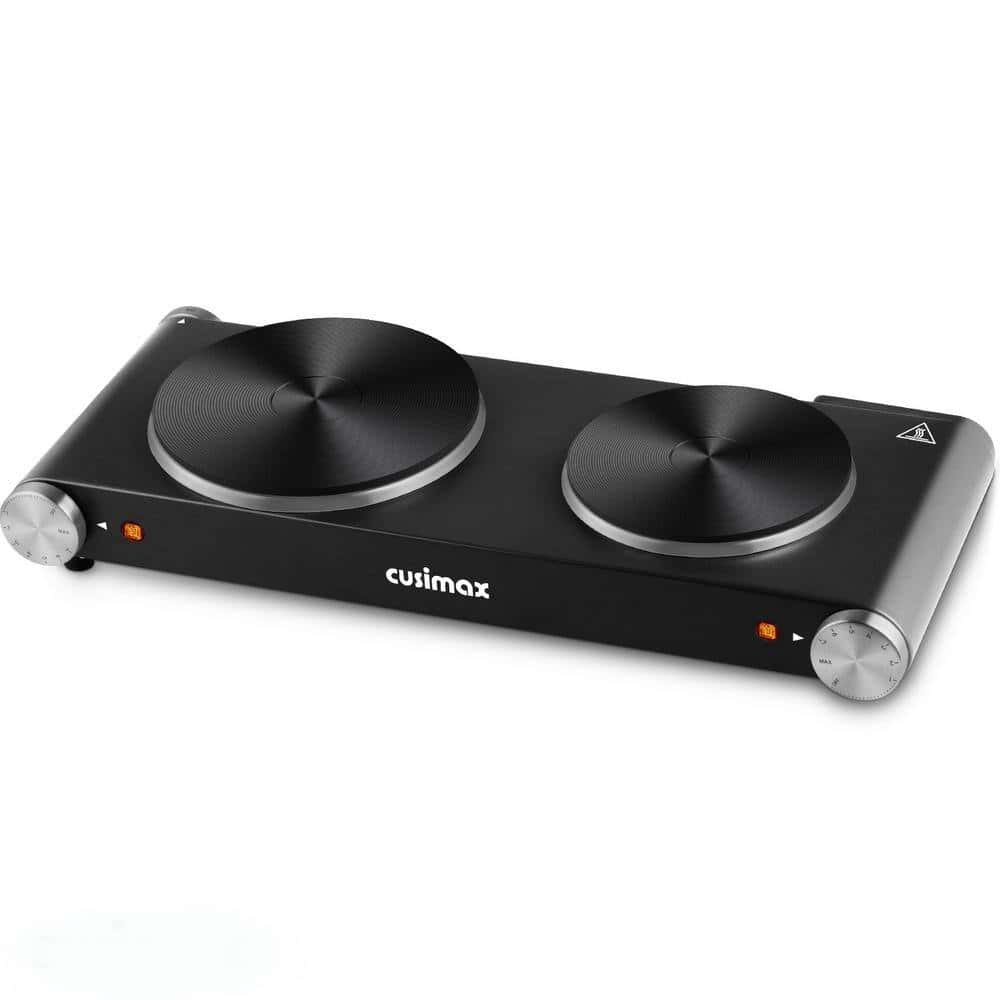 JEREMY CASS Double Cast Iron Burner 7.4 in. and 6.1 in. Stainless Steel Hot Plate in Black with 7-Gear Temperature Controls