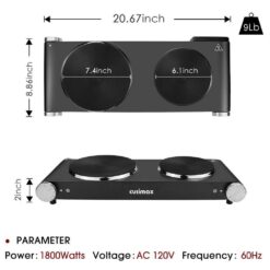JEREMY CASS Double Cast Iron Burner 7.4 in. and 6.1 in. Stainless Steel Hot Plate in Black with 7-Gear Temperature Controls