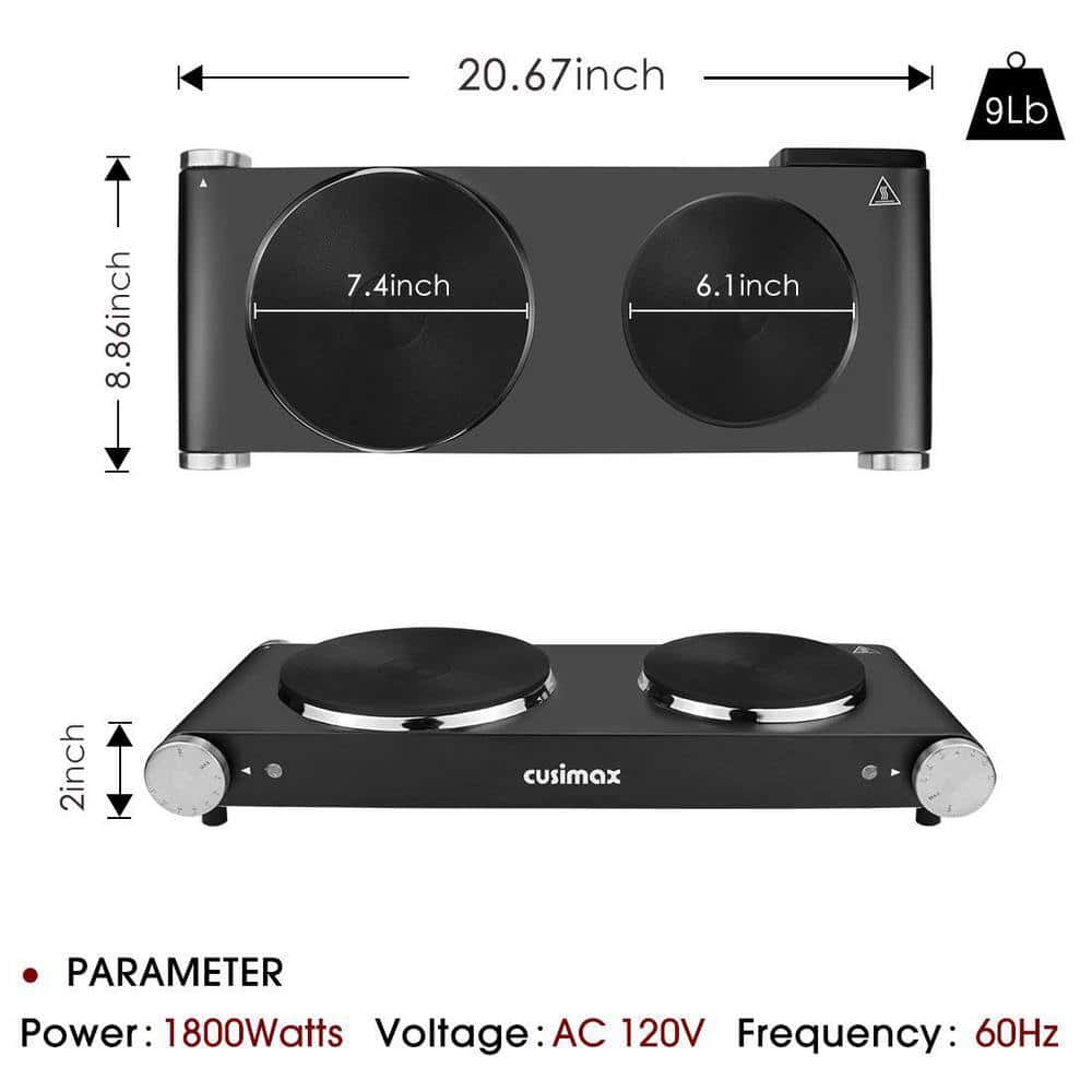 JEREMY CASS Double Cast Iron Burner 7.4 in. and 6.1 in. Stainless Steel Hot Plate in Black with 7-Gear Temperature Controls
