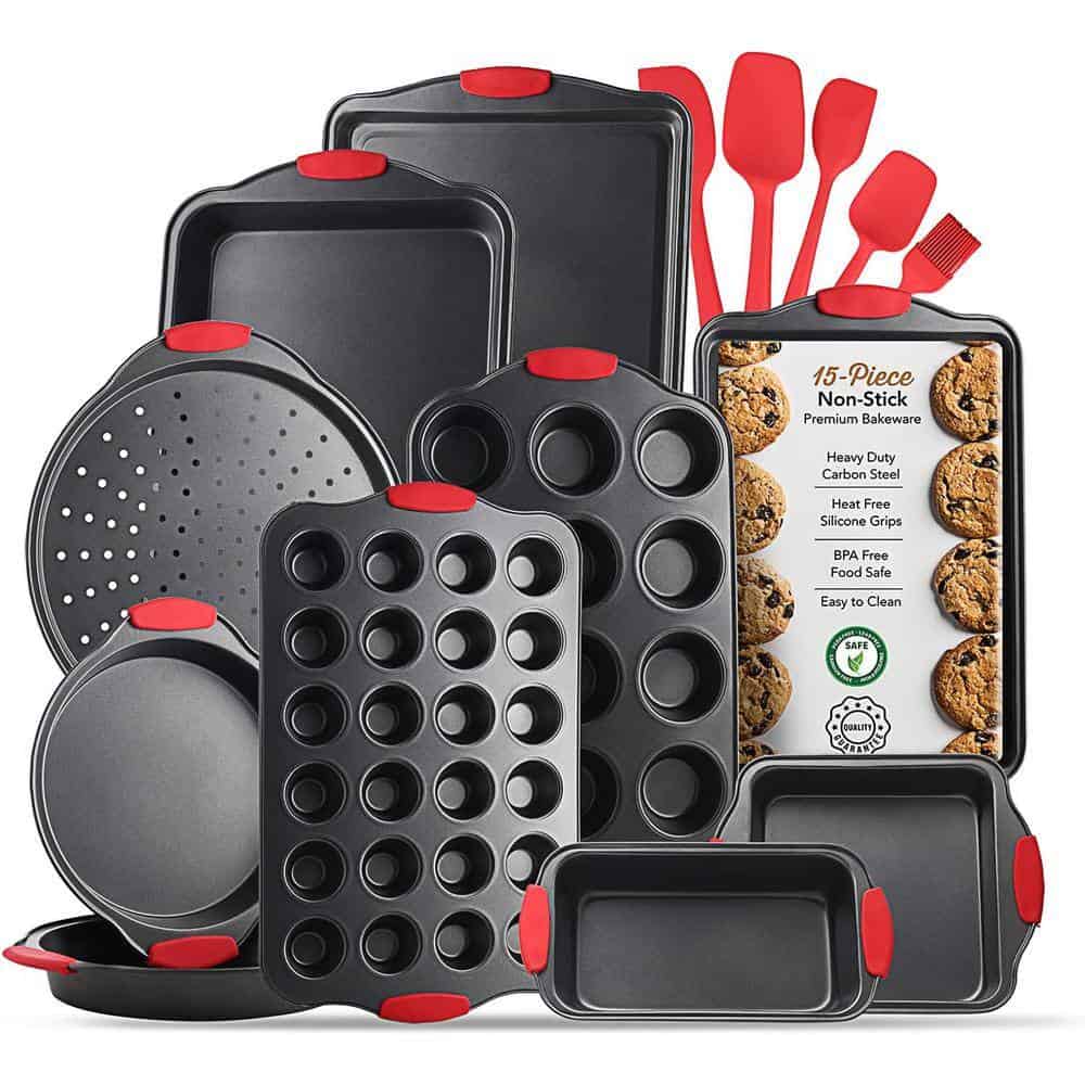 EATEX JT-BKS-10 15-Piece Nonstick Black Steel Bakeware Set with Silicone Handles