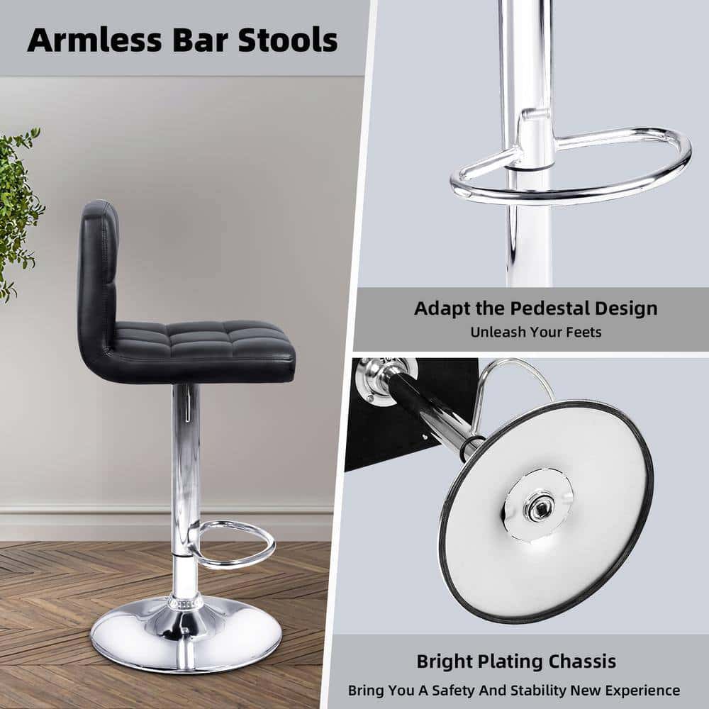 LACOO 33 in. - 44 in. Height Black Low Back Metal Adjustable Bar Stool with PU Leather-Seat 360° Swivel (Set of 2)