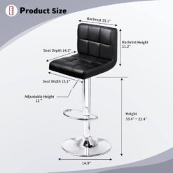 LACOO 33 in. - 44 in. Height Black Low Back Metal Adjustable Bar Stool with PU Leather-Seat 360° Swivel (Set of 2)