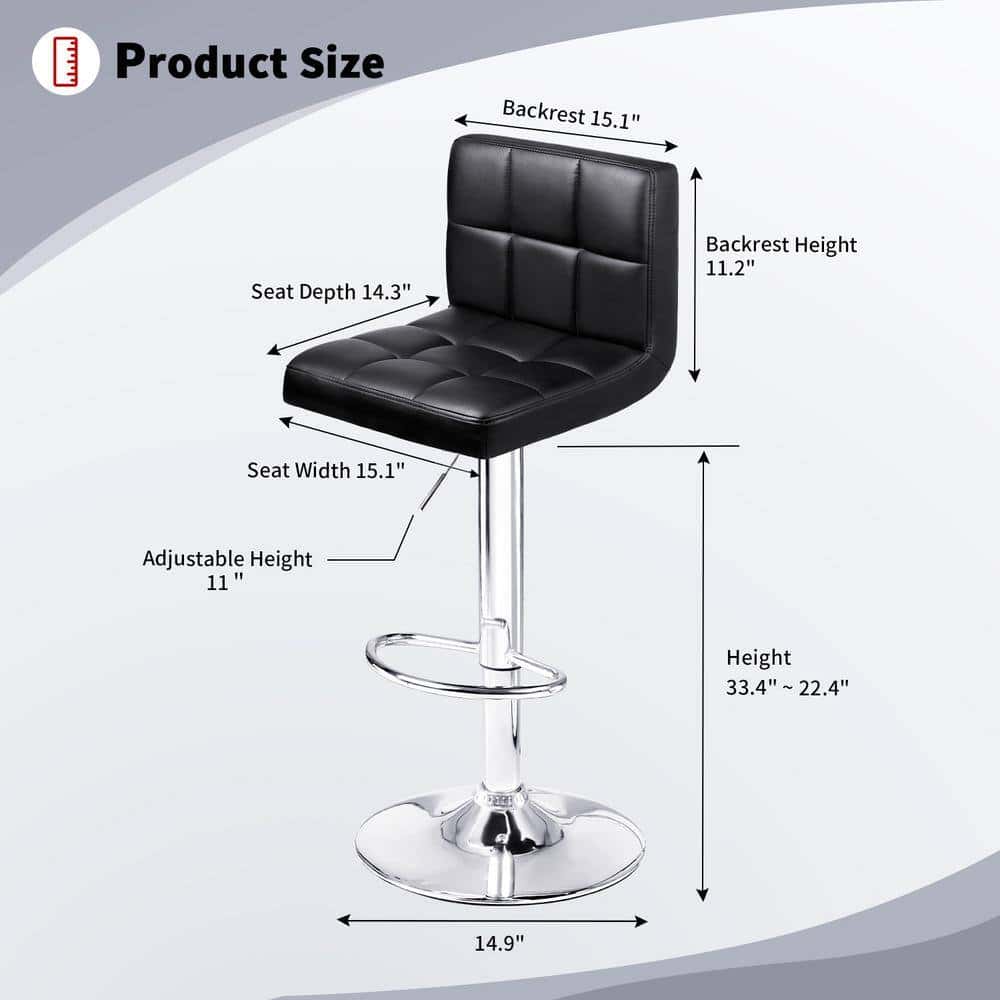 LACOO 33 in. - 44 in. Height Black Low Back Metal Adjustable Bar Stool with PU Leather-Seat 360° Swivel (Set of 2)
