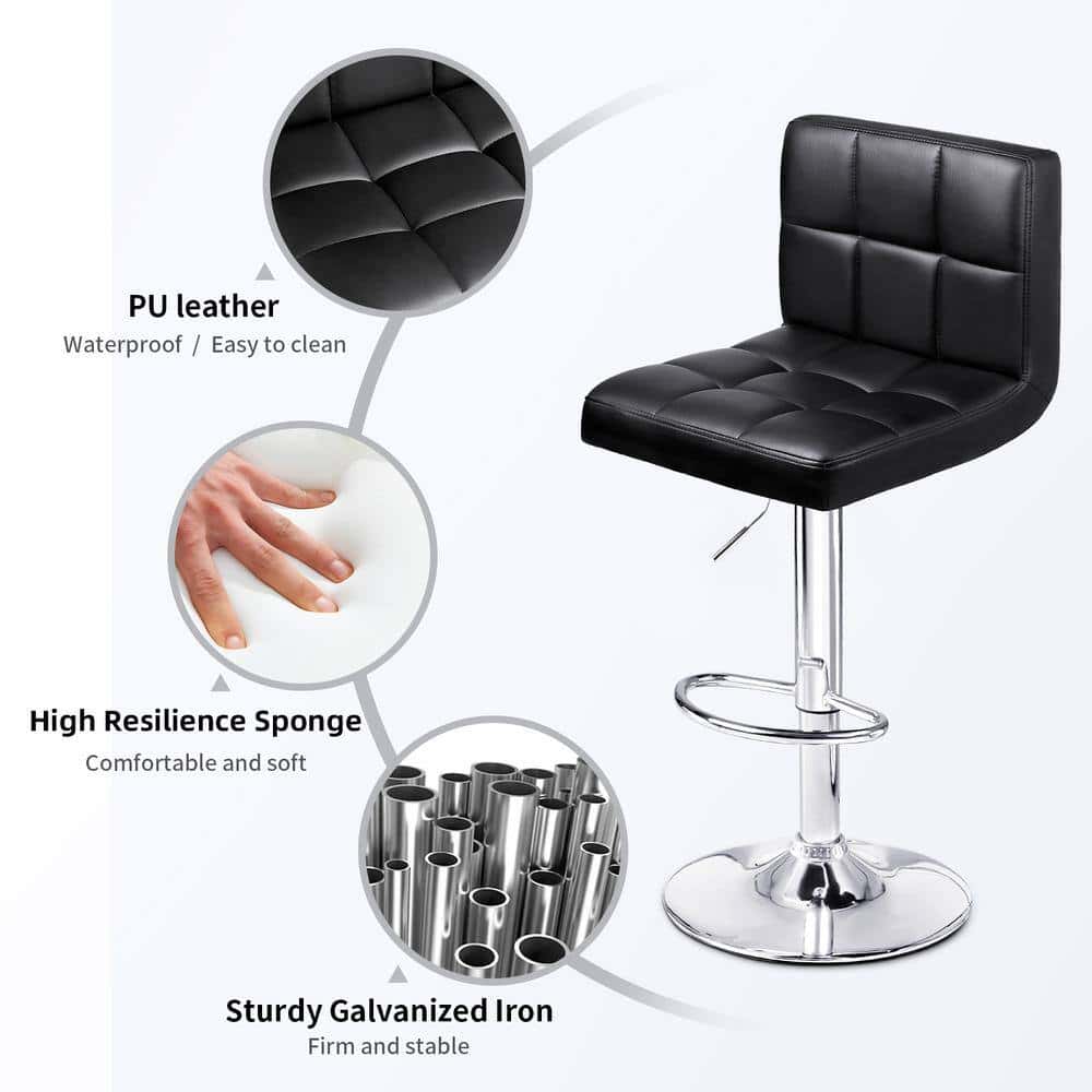 LACOO 33 in. - 44 in. Height Black Low Back Metal Adjustable Bar Stool with PU Leather-Seat 360° Swivel (Set of 2)