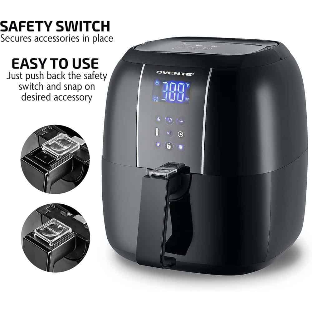 OVENTE FAD61302B 3.2 Qt. Black Air Fryer Grill Pan and Non-Stick Frying Basket Auto Shut-Off 6 Cooking Presets Touch Sensor
