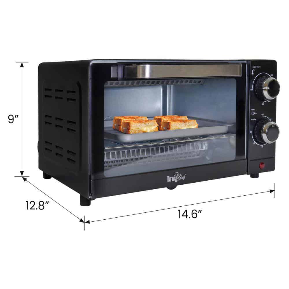 Total Chef TCTO09 4-Slice Toaster Oven, 1000W, Black Compact Design with Baking Pan and Toasting Rack