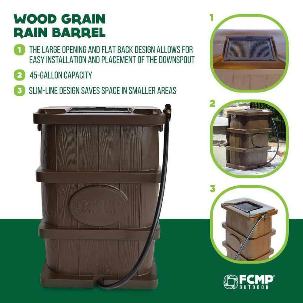 FCMP Outdoor 45 Gal. Woodgrain Rain Barrel in Brown