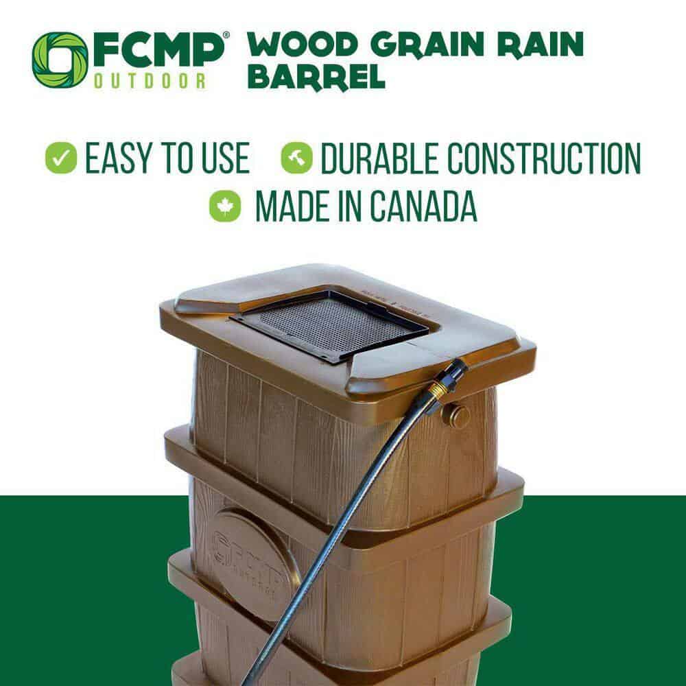 FCMP Outdoor 45 Gal. Woodgrain Rain Barrel in Brown