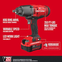 Craftsman V20 1/2 in. Cordless Brushed Impact Wrench Kit (Battery & Charger)