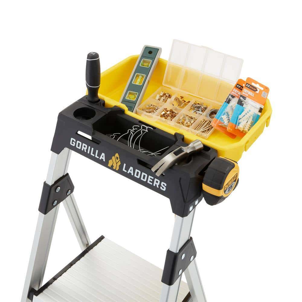 Gorilla Ladders GLA-4XB 4 .5 ft. Aluminum Dual Platform Step Ladder with Project Bucket (9 ft. Reach), 250 lbs. Capacity Type I Duty Rating