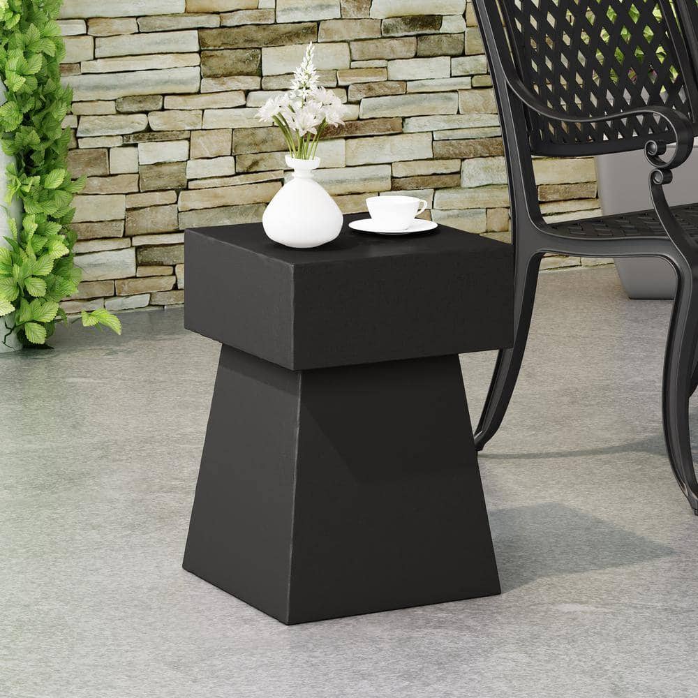 Noble House Aesop Matte Black Square Stone Outdoor Patio Side Table