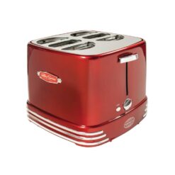 Nostalgia RHDT800RETRORED Retro Series 4-Slice Red Hot Dog and Bun Toaster with Crumb Tray and Mini Tongs
