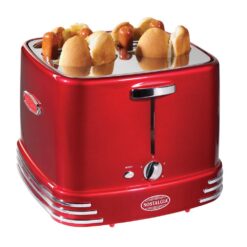Nostalgia RHDT800RETRORED Retro Series 4-Slice Red Hot Dog and Bun Toaster with Crumb Tray and Mini Tongs