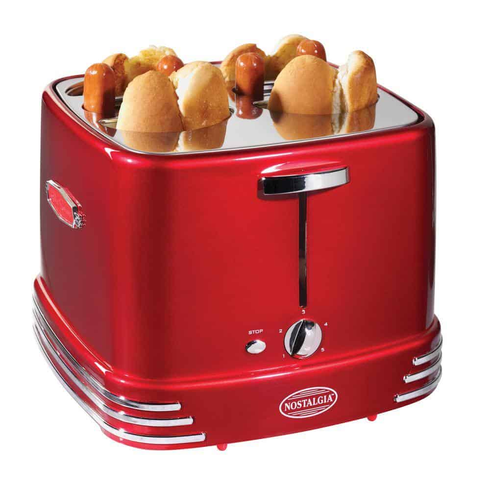 Nostalgia RHDT800RETRORED Retro Series 4-Slice Red Hot Dog and Bun Toaster with Crumb Tray and Mini Tongs