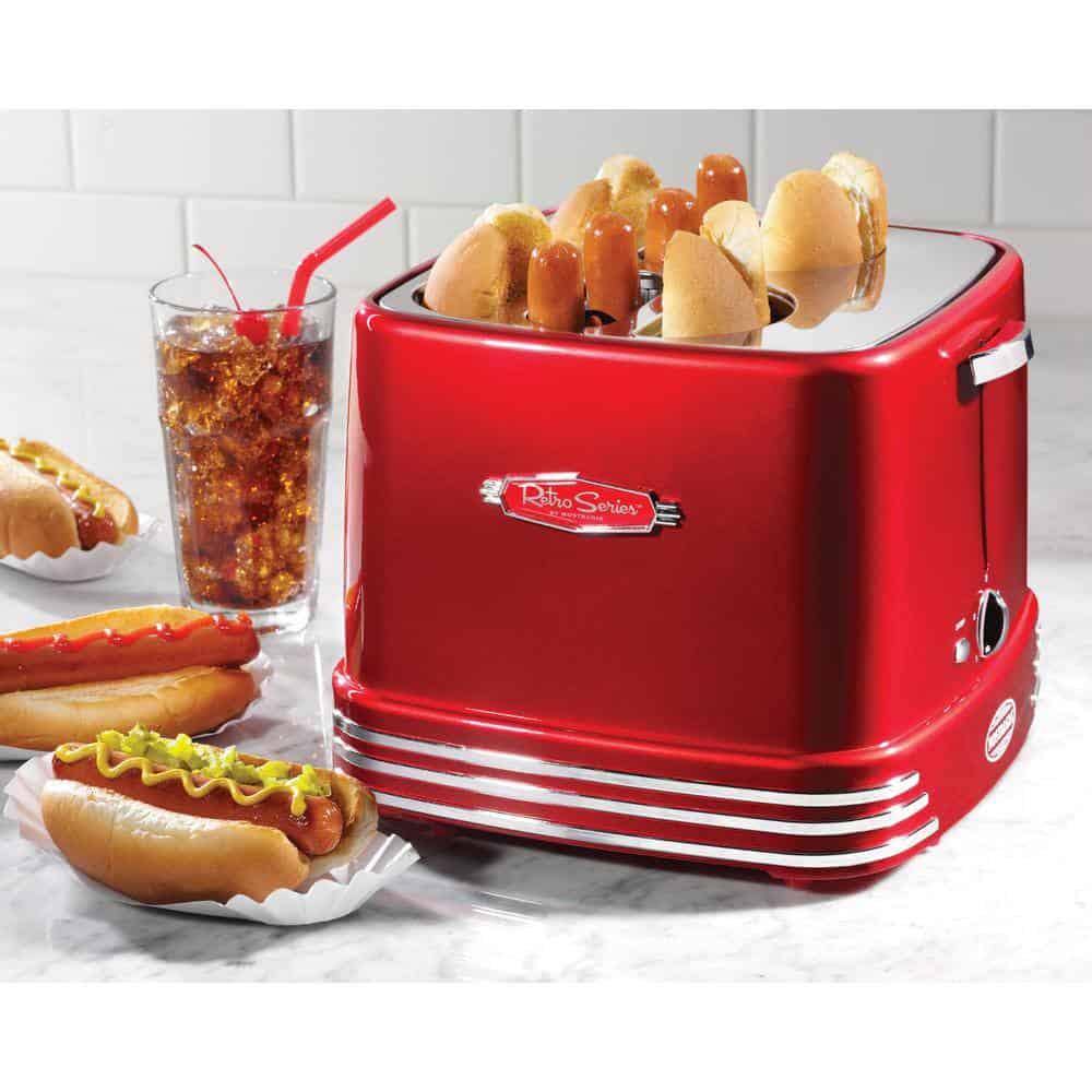 Nostalgia RHDT800RETRORED Retro Series 4-Slice Red Hot Dog and Bun Toaster with Crumb Tray and Mini Tongs