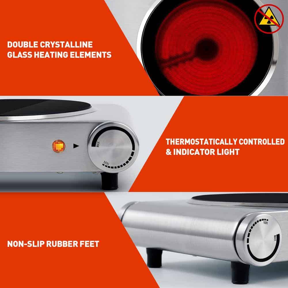 Elexnux Portable 2-Burner 7.1 in. Silver Electric Hot Plate 1800-Watt Dual Control Countertop Infrared Electric Stove