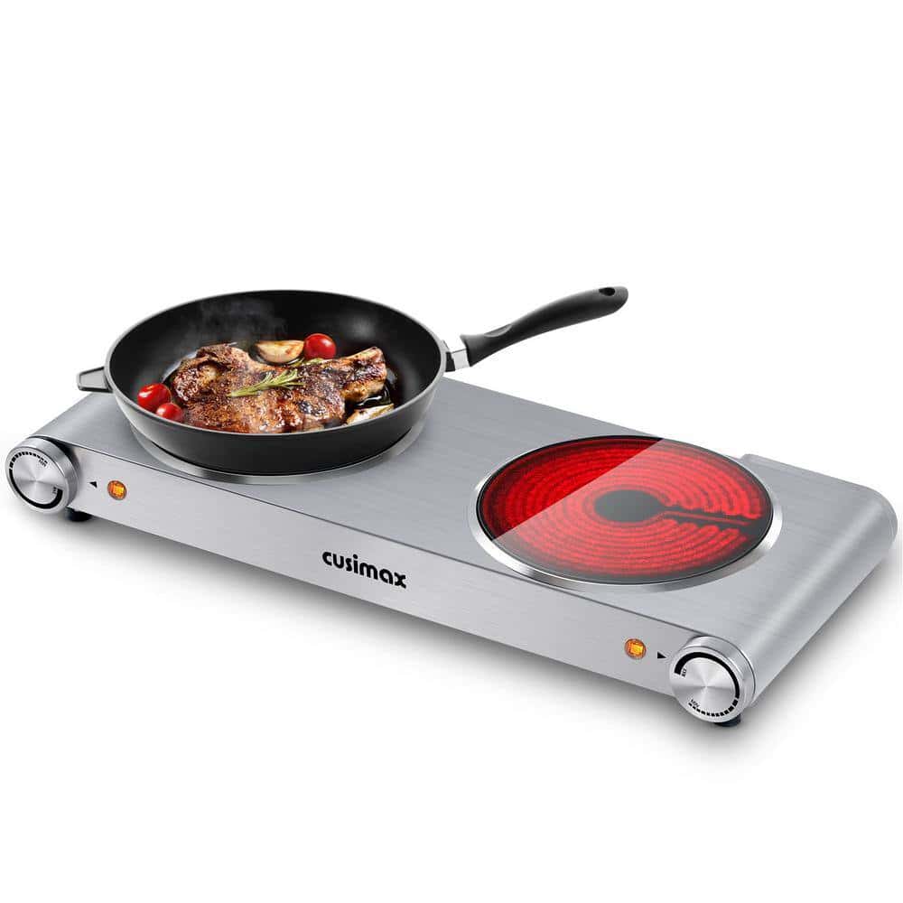 Elexnux Portable 2-Burner 7.1 in. Silver Electric Hot Plate 1800-Watt Dual Control Countertop Infrared Electric Stove