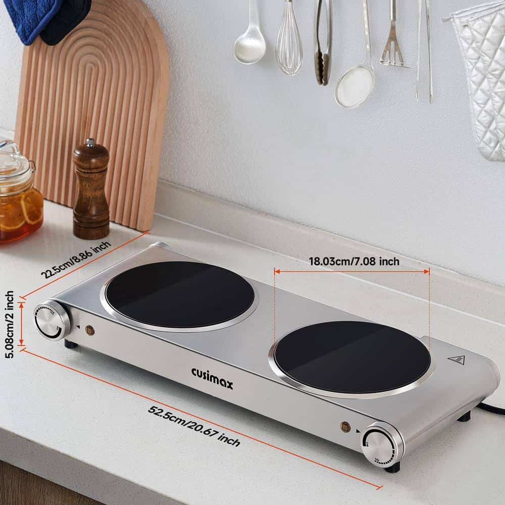 Elexnux Portable 2-Burner 7.1 in. Silver Electric Hot Plate 1800-Watt Dual Control Countertop Infrared Electric Stove