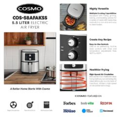 Cosmo COS-58AFAKSS 5.8 qt. Electric Hot Air Fryer with Temperature Control, Timer, Non-Stick Frying Tray, 1400W