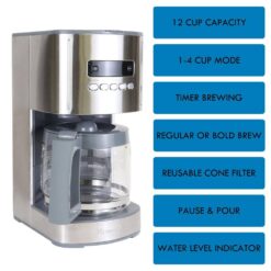 Kenmore KKCM12S 12-Cup Programmable Coffee Maker, Stainless Steel, with Reusable Filter, silver