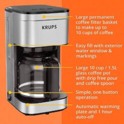 Krups KM203D50 10-Cup Silver Simply Brew Drip Coffee Maker With Filter