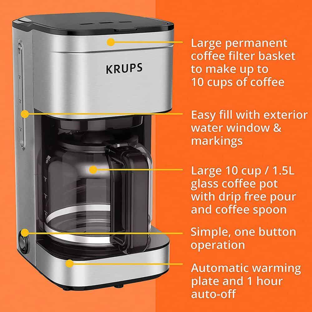 Krups KM203D50 10-Cup Silver Simply Brew Drip Coffee Maker With Filter