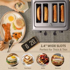 BUYDEEM DT-6B83S 4-Slice Toaster, Extra Wide Slots, Retro Stainless Steel with High Lift Lever, Removal Crumb Tray, 7-Shade Settings