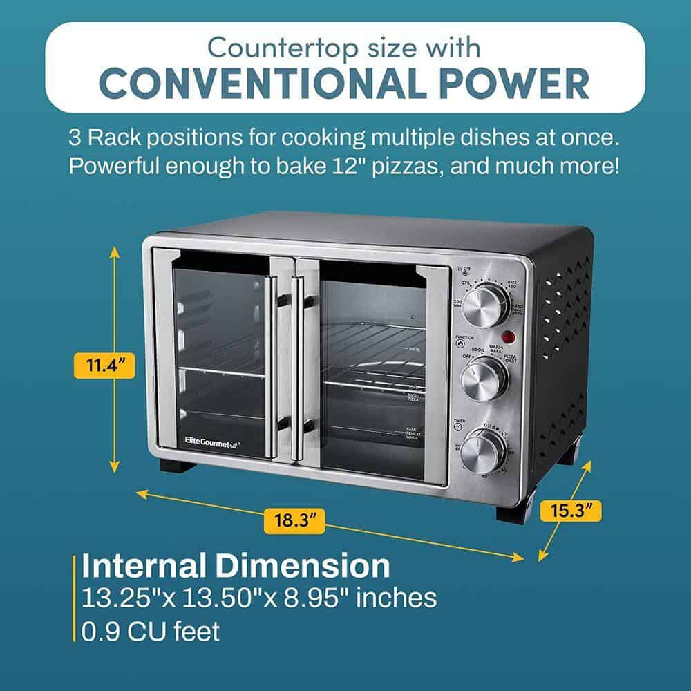 Elite Gourmet ETO2530M Double French Door Toaster Oven fits 12" Pizza, Stainless Steel