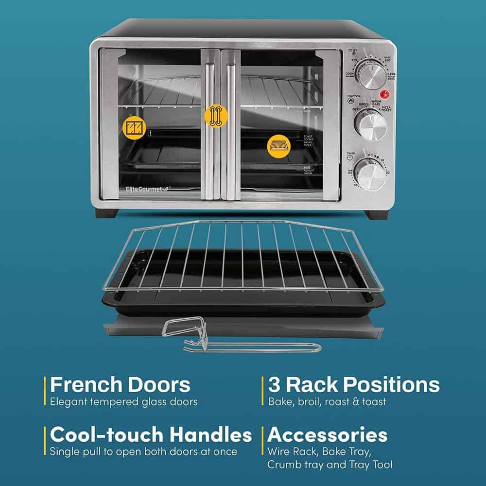Elite Gourmet ETO2530M Double French Door Toaster Oven fits 12" Pizza, Stainless Steel