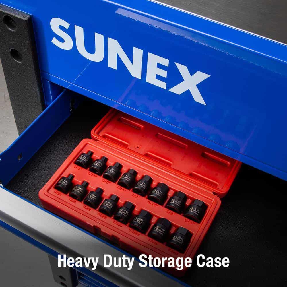 SUNEX TOOLS 3646 3/8 in. Drive Stubby Impact Hex Driver SAE and Metric Set (16-Piece)