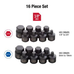SUNEX TOOLS 3646 3/8 in. Drive Stubby Impact Hex Driver SAE and Metric Set (16-Piece)