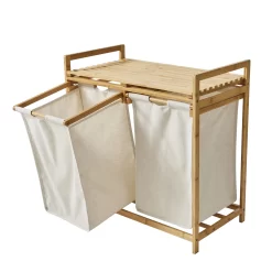 Better Homes & Gardens 35L 2-Bin Rectangular Bamboo Laundry Sorter with Removable Linen Liner, Natural Wood & Vanilla Dream