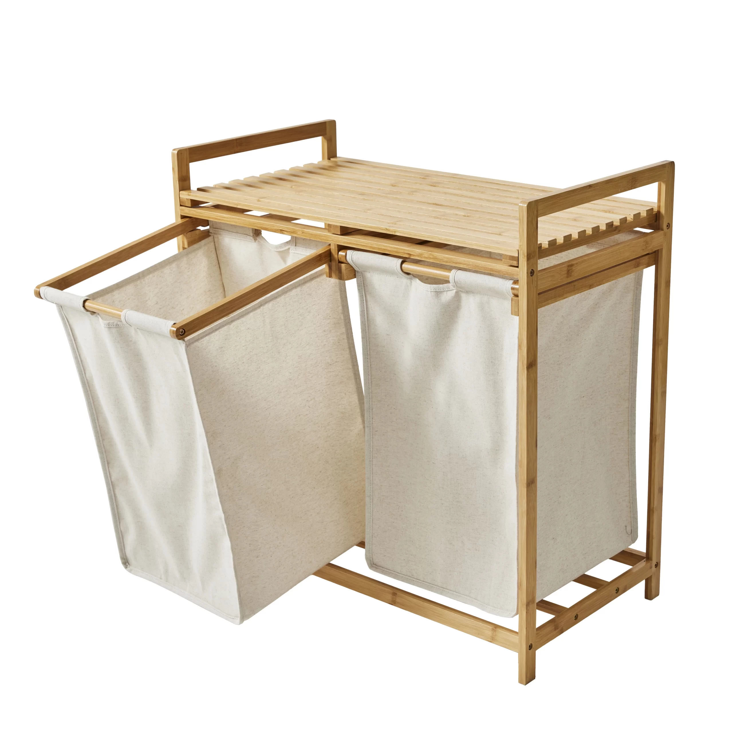 Better Homes & Gardens 35L 2-Bin Rectangular Bamboo Laundry Sorter with Removable Linen Liner, Natural Wood & Vanilla Dream