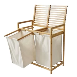 Better Homes & Gardens 35L 2-Bin Rectangular Bamboo Laundry Sorter with Removable Linen Liner, Natural Wood & Vanilla Dream