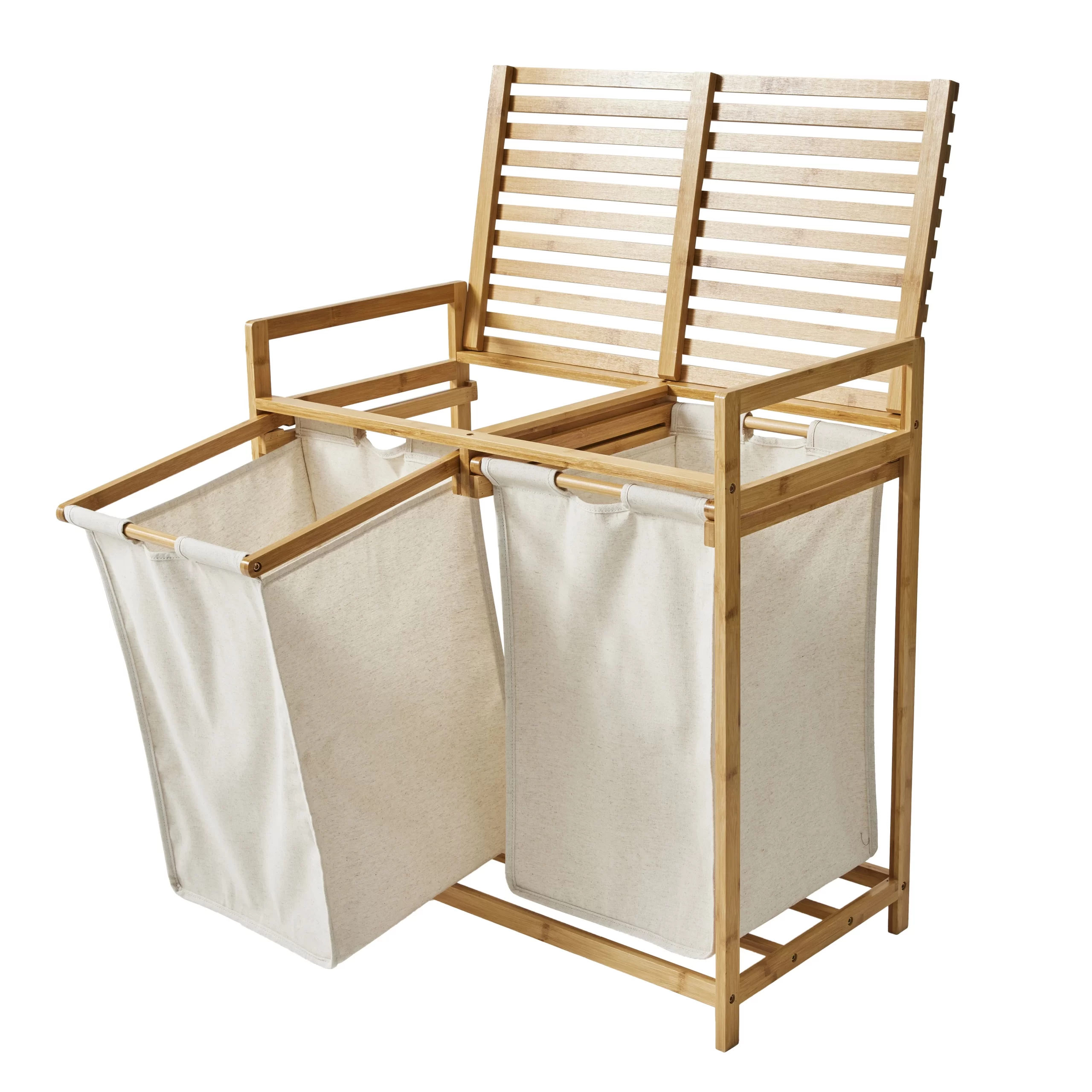 Better Homes & Gardens 35L 2-Bin Rectangular Bamboo Laundry Sorter with Removable Linen Liner, Natural Wood & Vanilla Dream