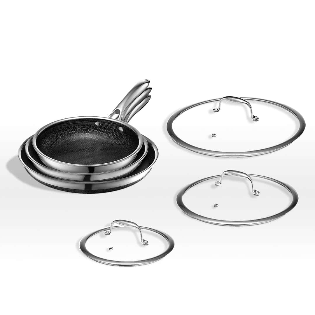 HexClad Hybrid Nonstick 6-Piece Fry Pan Set, 8, 10 and 12-Inch Frying Pans with Tempered Glass Lids