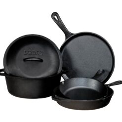 Lodge Seasoned Cast Iron 5 Piece Bundle. 10.5" Griddle, 8" Skillet, 10.25" Skillet, 10.25" Dutch Oven, and 10.25" Lid,Black