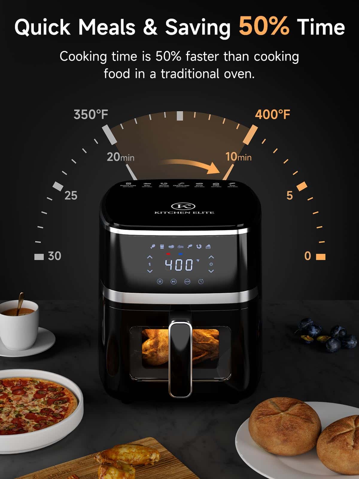Kitchen Elite Air Fryer Oven 5.28 Qt, 7-in-1 Digital Display Compact Cooker with Easy View Windows, Black