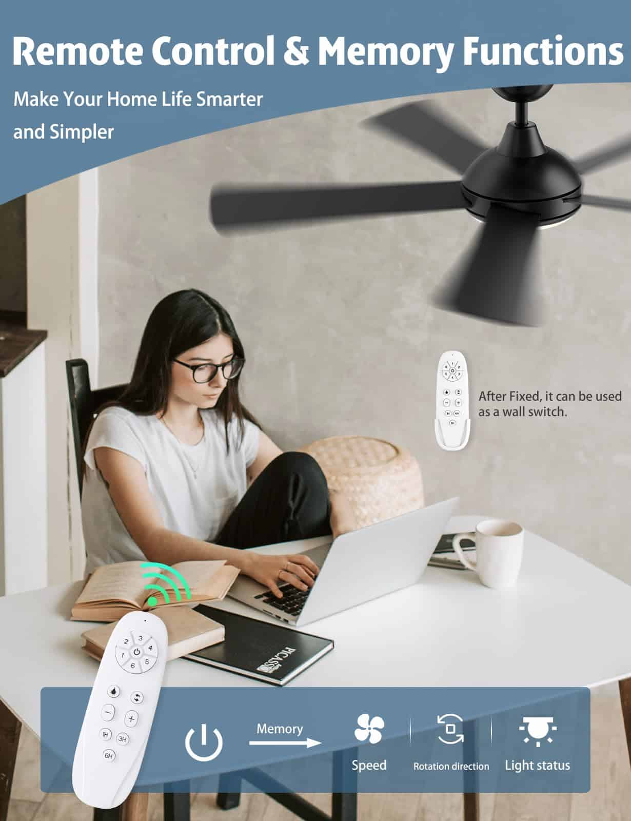 Autoday 52 Inch Ceiling Fans with Lights and Remote - Black Ceiling Fan with Light