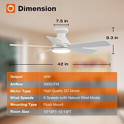 addlon Ceiling Fans with Lights, 42 Inch Low Profile Ceiling Fan with Light And Remote Control, White