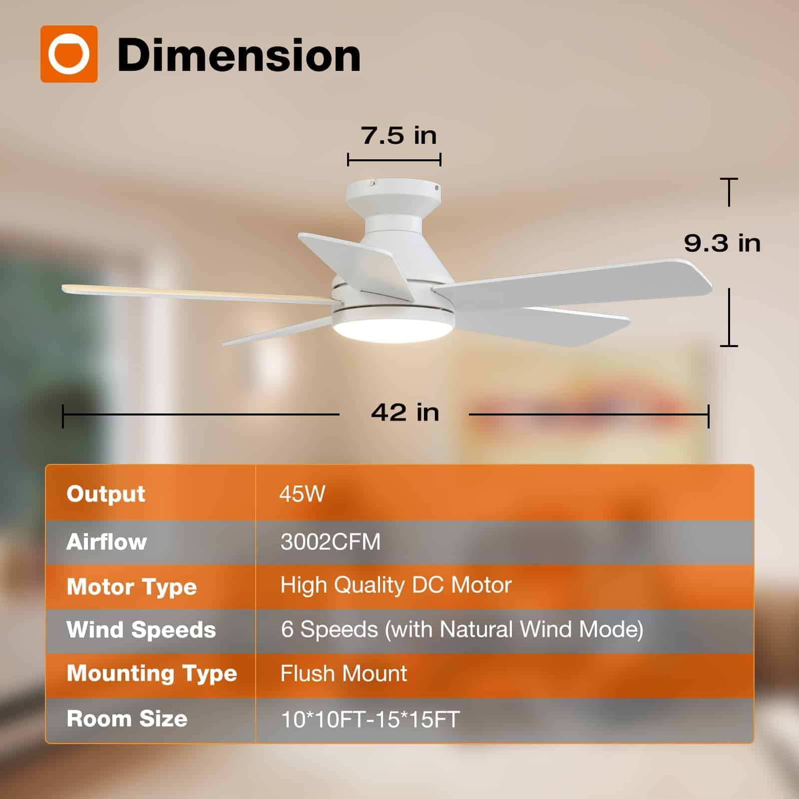 addlon Ceiling Fans with Lights, 42 Inch Low Profile Ceiling Fan with Light And Remote Control, White