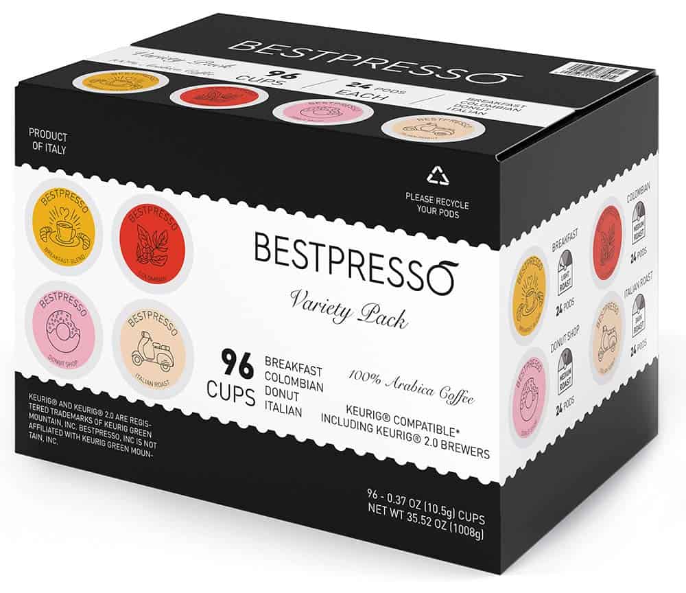 Bestpresso Coffee, Variety Pack Single Serve K-Cup Pods, 96 Count. Includes Breakfast, Colombian, Donut and Italian 8 Packs Of 12 Cups