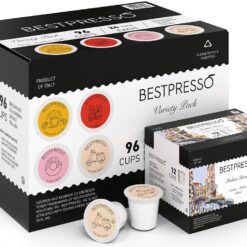 Bestpresso Coffee, Variety Pack Single Serve K-Cup Pods, 96 Count. Includes Breakfast, Colombian, Donut and Italian 8 Packs Of 12 Cups