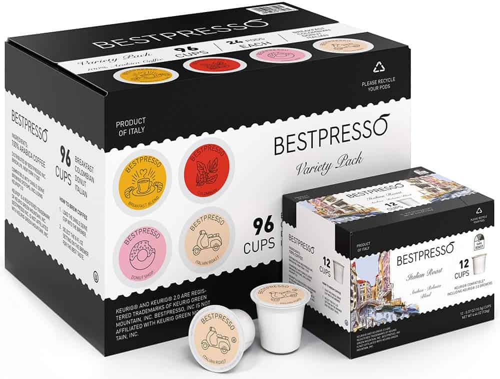 Bestpresso Coffee, Variety Pack Single Serve K-Cup Pods, 96 Count. Includes Breakfast, Colombian, Donut and Italian 8 Packs Of 12 Cups