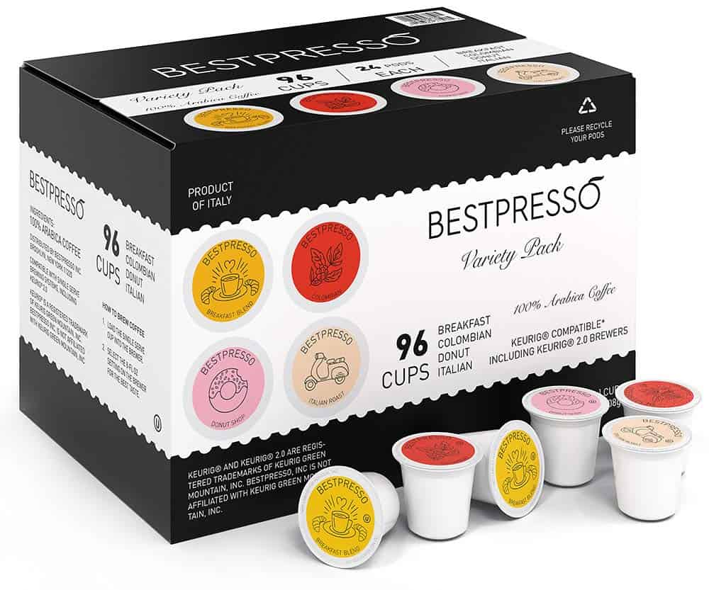 Bestpresso Coffee, Variety Pack Single Serve K-Cup Pods, 96 Count. Includes Breakfast, Colombian, Donut and Italian 8 Packs Of 12 Cups