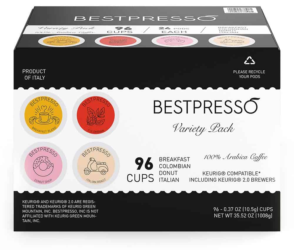 Bestpresso Coffee, Variety Pack Single Serve K-Cup Pods, 96 Count. Includes Breakfast, Colombian, Donut and Italian 8 Packs Of 12 Cups